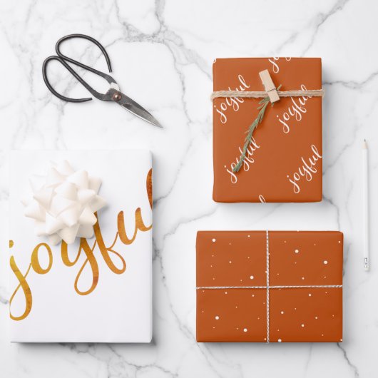 Joyful Script Snowflakes Oranje Holiday Inpakpapier Vel (Voorkant)