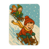 Joyful Sled Ride – Cute Kids Sleigh Riding Winter Magneet (Verticaal)