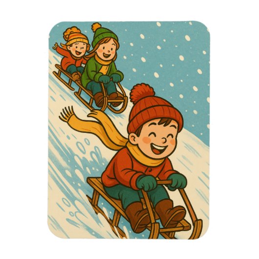 Joyful Sled Ride – Cute Kids Sleigh Riding Winter Magneet (Verticaal)