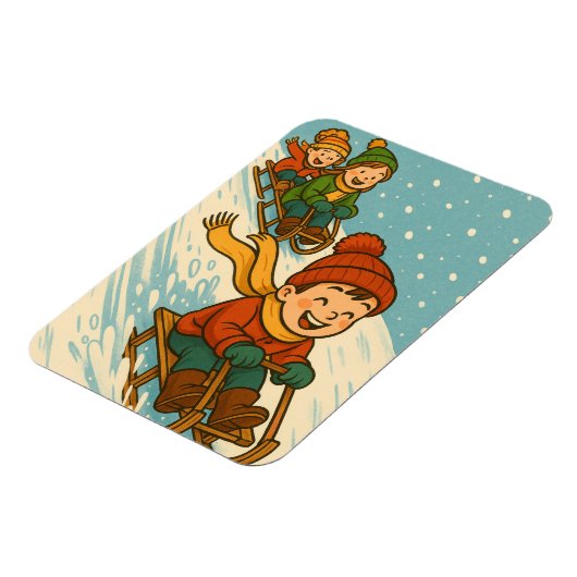 Joyful Sled Ride – Cute Kids Sleigh Riding Winter Magneet (Linkerzijde)