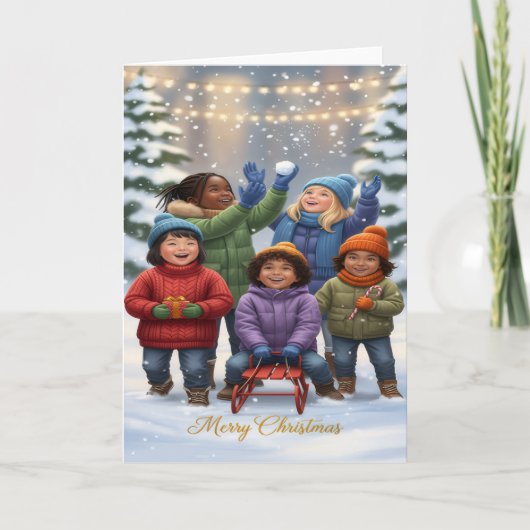 Joyful Snow Day – Kids Christmas Greeting Card Kaart (Voorkant)