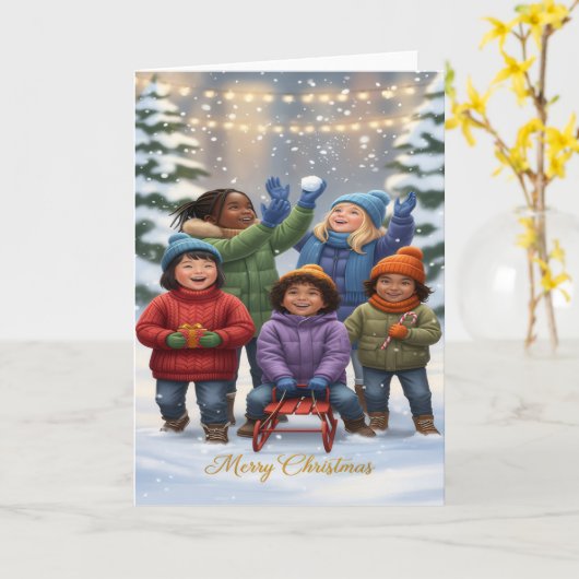 Joyful Snow Day – Kids Christmas Greeting Card Kaart (Gele Bloem)