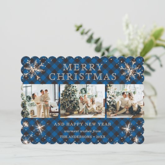 Joyful Sparkly Snowflake Blue Plaid Fotocollage Feestdagenkaart (Staand voorkant)