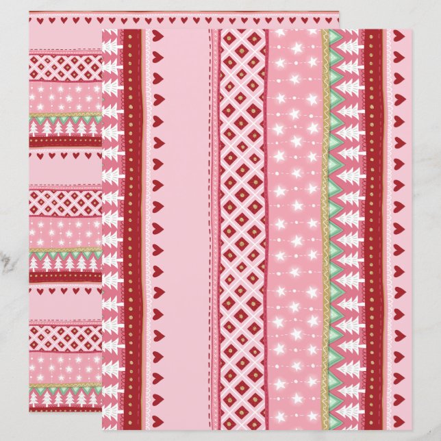 Joyful Stripe Roze Kerst Scrapbook Paper (Voorkant / Achterkant)