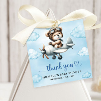 Joyful Teddy Bear Pilot Airplane Blue Brown Baby  Bedankjes Labels