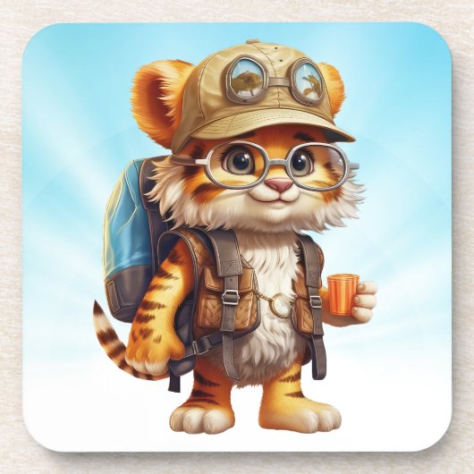 Joyful Tiger Cub met rugzak en koffie Bier Onderzetter (Voorkant)