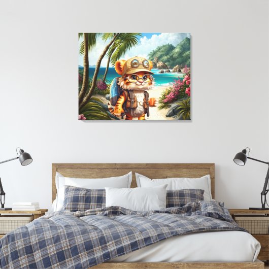 Joyful Tiger Cub met rugzak en koffie Canvas Afdruk (Insitu (Slaapkamer))
