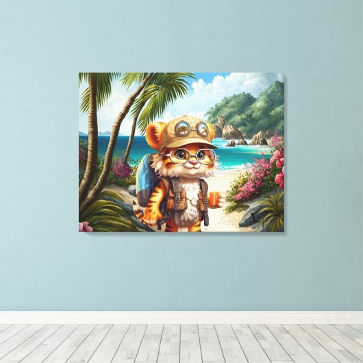 Joyful Tiger Cub met rugzak en koffie Canvas Afdruk (Insitu (Houten vloer))