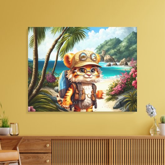 Joyful Tiger Cub met rugzak en koffie Canvas Afdruk (Insitu (Woonkamer))