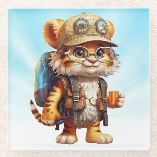 Joyful Tiger Cub met rugzak en koffie Glazen Onderzetter (Voorkant)