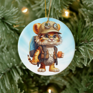 Joyful Tiger Cub met rugzak en koffie Keramisch Ornament