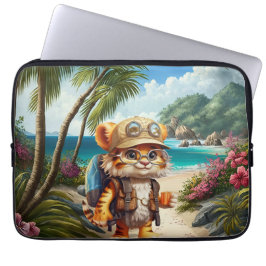 Joyful Tiger Cub met rugzak en koffie Laptop Sleeve