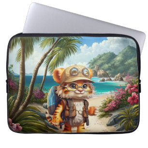 Joyful Tiger Cub met rugzak en koffie Laptop Sleeve