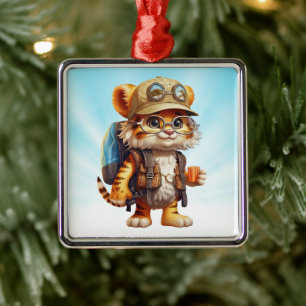 Joyful Tiger Cub met rugzak en koffie Metalen Ornament