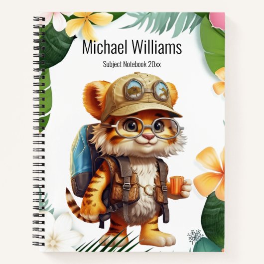Joyful Tiger Cub met rugzak en koffie Notitieboek (Voorkant)