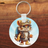 Joyful Tiger Cub met rugzak en koffie Sleutelhanger (Achterkant)