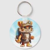 Joyful Tiger Cub met rugzak en koffie Sleutelhanger (Achterkant)