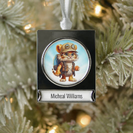 Joyful Tiger Cub met rugzak en koffie Verzilverd Banner Ornament