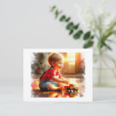 Joyful Toddler Playing With A Toy Truck, Briefkaart (Staand voorkant)