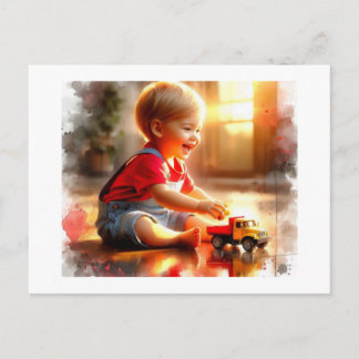 Joyful Toddler Playing With A Toy Truck, Briefkaart