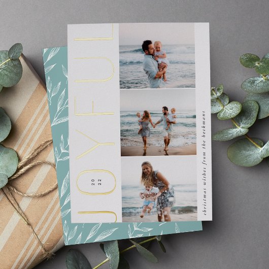 Joyful Trio | Modern 3 Foto-collage Folie Feestdagenkaart