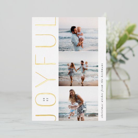 Joyful Trio | Modern 3 Foto-collage Folie Feestdagenkaart (Staand Voorkant)