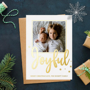 Joyful Typography Script Moderne Photo Kerstmis Folie Feestdagen Briefkaart
