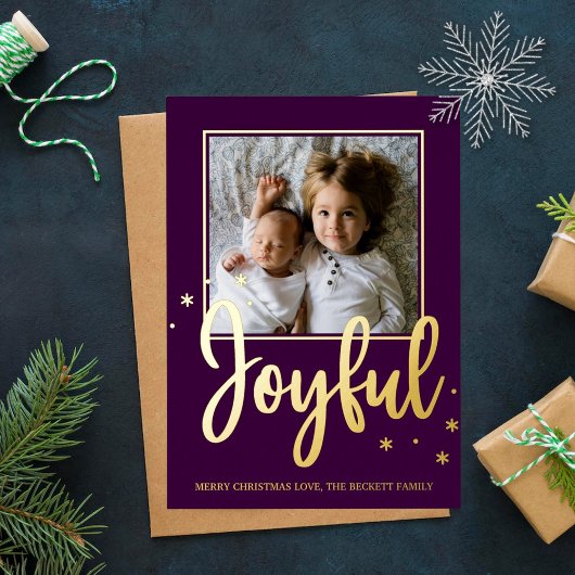 Joyful Typography Script Moderne Photo Kerstmis Folie Feestdagenkaart