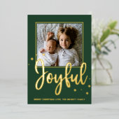 Joyful Typography Script Moderne Photo Kerstmis Folie Feestdagenkaart (Staand Voorkant)