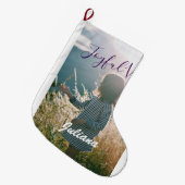 Joyful vibes kinder foto paarse feestdagen naam ge grote kerstsok (Voorkant (Hangend))