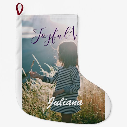 Joyful vibes kinder foto paarse feestdagen naam ge grote kerstsok (Voorkant)
