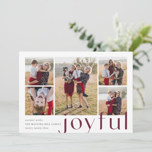 Joyful Vijf | Holiday Photo Collage Card | Plum Feestdagenkaart (Staand voorkant)