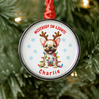 Joyful Watercolor Cute French Bulldog Snowflakes Metalen Ornament
