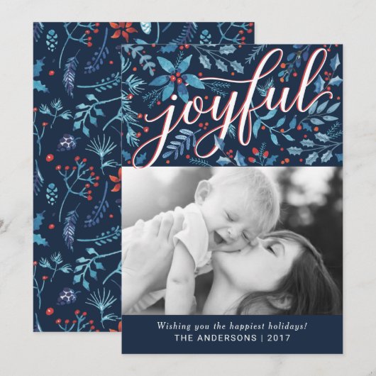 Joyful Waterverf Foliage Holiday Foto Feestdagenkaart (Voorkant / Achterkant)