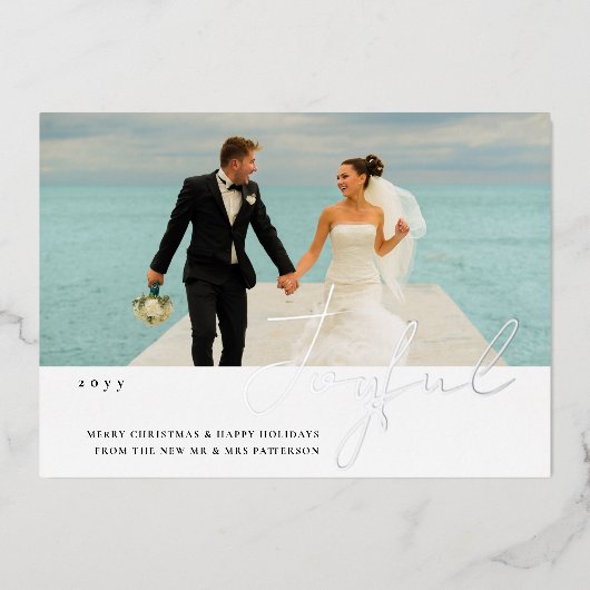 Joyful Wedding Mr & Mrs First Kerstfoto Folie Uitnodiging (Voorkant)