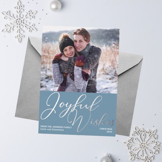 Joyful Wesses kerstfoto Slate Blue Silver Folie Feestdagenkaart
