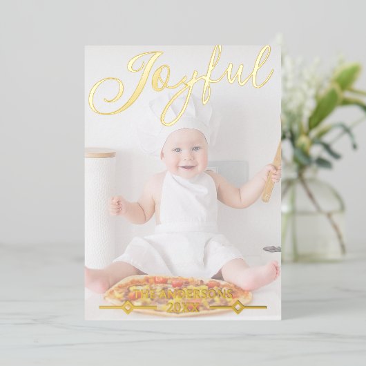 Joyful White Photo Overlay Chic Gold Folie Feestdagenkaart (Staand Voorkant)