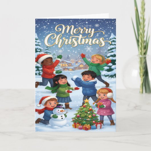 Joyful Winter Fun – Kids’ Merry Christmas Card Kaart (Voorkant)