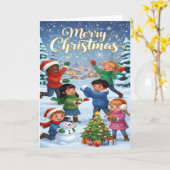 Joyful Winter Fun – Kids’ Merry Christmas Card Kaart (Gele Bloem)