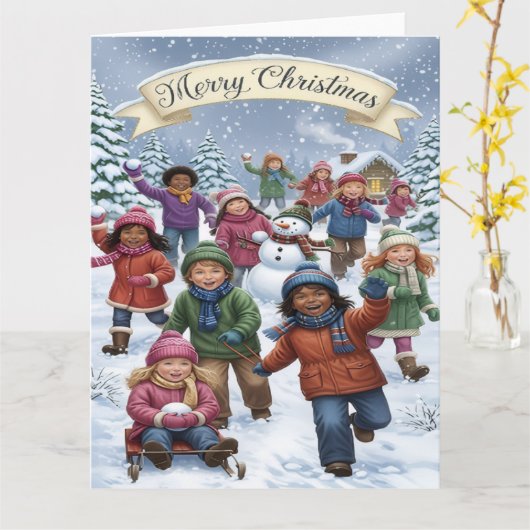 Joyful Winter Wonderland – Kids Merry Christmas Kaart (Gele Bloem)