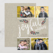 Joyful Wish Beige Linen Kerstmis 4 Foto Collage Feestdagenkaart (Voorkant / Achterkant)