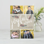 Joyful Wish Beige Linen Kerstmis 4 Foto Collage Feestdagenkaart (Staand voorkant)