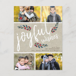Joyful Wish Beige Linen Kerstmis 4 Foto Collage Feestdagenkaart