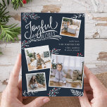 Joyful Wish | Kaart voor kerstfoto's<br><div class="desc">De prachtige typografie-gebaseerde vakantiefootkaart biedt vier van uw favoriete vierkantsfoto's in een collage lay-out. "Joyful Wishes" staat bovenaan in witte, met de hand geschreven typografie op een rijke blauw marineschool met witte gevlekte bladeren en rode holly bessen. Pas aan met uw persoonlijke groet, familienamen en individuele namen. Kaarten keren terug...</div>