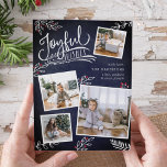 Joyful Wish | Kaart voor kerstfoto's<br><div class="desc">De prachtige typografie-gebaseerde vakantiefootkaart biedt vier van uw favoriete vierkantsfoto's in een collage lay-out. "Joyful Wishes" staat bovenaan in witte, met de hand geschreven typografie op een blauw marineschoolbord met witte gevlekte bladeren en rode holly bessen. Pas aan met uw persoonlijke groet, familienamen en individuele namen. Kaarten keren terug naar...</div>