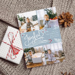 Joyful Wish | Kaart voor kerstfoto's<br><div class="desc">De prachtige typografie-gebaseerde vakantiefootkaart biedt vier van uw favoriete vierkantsfoto's in een collage lay-out. "Joyful Wishes" verschijnt in het midden in witte, met de hand geschreven typografie op een lichtblauwe achtergrond van de wijnmoer met witte gevlekte bladeren en rode holly bessen. Pas aan met uw persoonlijke groet, familienamen en individuele...</div>