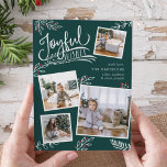 Joyful Wish | Kaart voor kerstfoto's<br><div class="desc">De prachtige typografie-gebaseerde vakantiefootkaart biedt vier van uw favoriete vierkantsfoto's in een collage lay-out. "Joyful Wishes" staat bovenaan in witte, met de hand geschreven typografie op een donkere sparren groene achtergrond voorzien van witte gevlekte bladeren en rode holly bessen. Pas aan met uw persoonlijke groet, familienamen en individuele namen. Kaarten...</div>