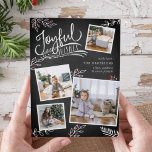 Joyful Wish | Kaart voor kerstfoto's<br><div class="desc">De prachtige typografie-gebaseerde vakantiefootkaart biedt vier van uw favoriete vierkantsfoto's in een collage lay-out. "Joyful Wishes" staat bovenaan in witte, met de hand geschreven typografie op een achtergrond van het houtskool grijs krijt met witte gevlekte bladeren en rode holly bessen. Pas aan met uw persoonlijke groet, familienamen en individuele namen....</div>