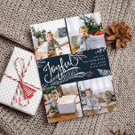 Joyful Wish | Kaart voor kerstfoto's<br><div class="desc">De prachtige typografie-gebaseerde vakantiefootkaart biedt vier van uw favoriete vierkantsfoto's in een collage lay-out. "Joyful Wishes" verschijnt in het midden in witte,  met de hand geschreven typografie op een rijke blauw marineschool met witte gevlekte bladeren en rode holly bessen. Pas aan met uw persoonlijke groet,  familienamen en individuele namen.</div>