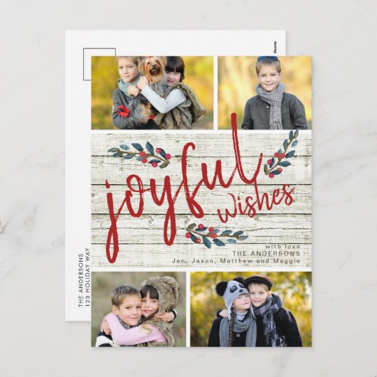 Joyful Wish Rustic Red Christmas 4 Fotocollage Feestdagenkaart (Voorkant / Achterkant)